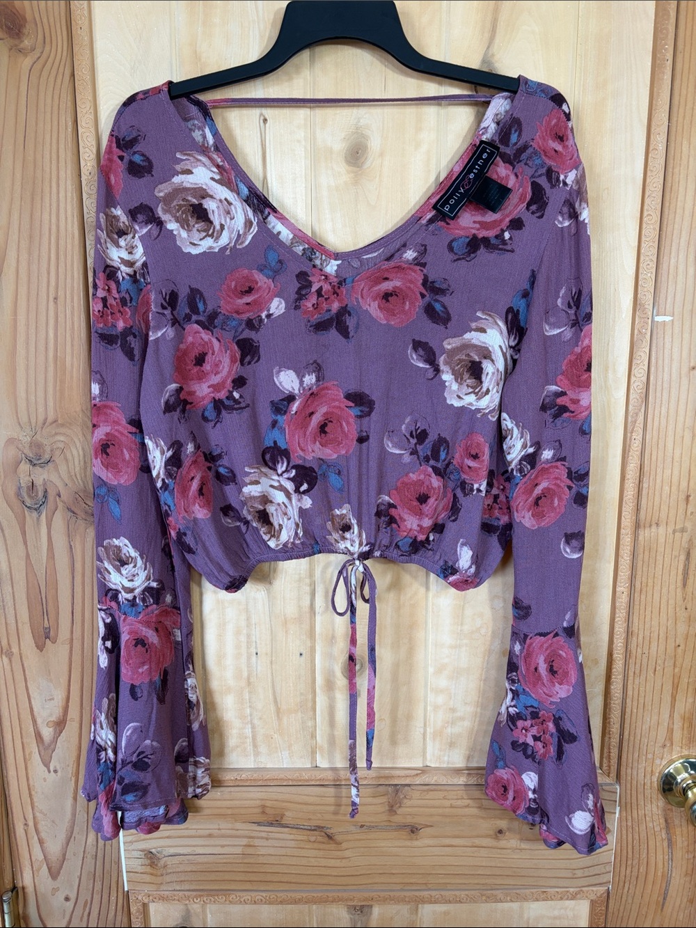 Polly & Esther Rose Print Mauve V-Neck Drawstring Crop Top with Pirate Sleeves